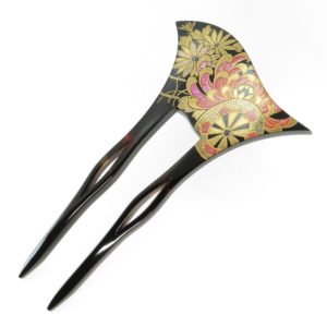 鼈甲 簪 螺鈿蒔絵 吉祥文様 (菊・水仙・竹・牡丹) 波型 かんざし