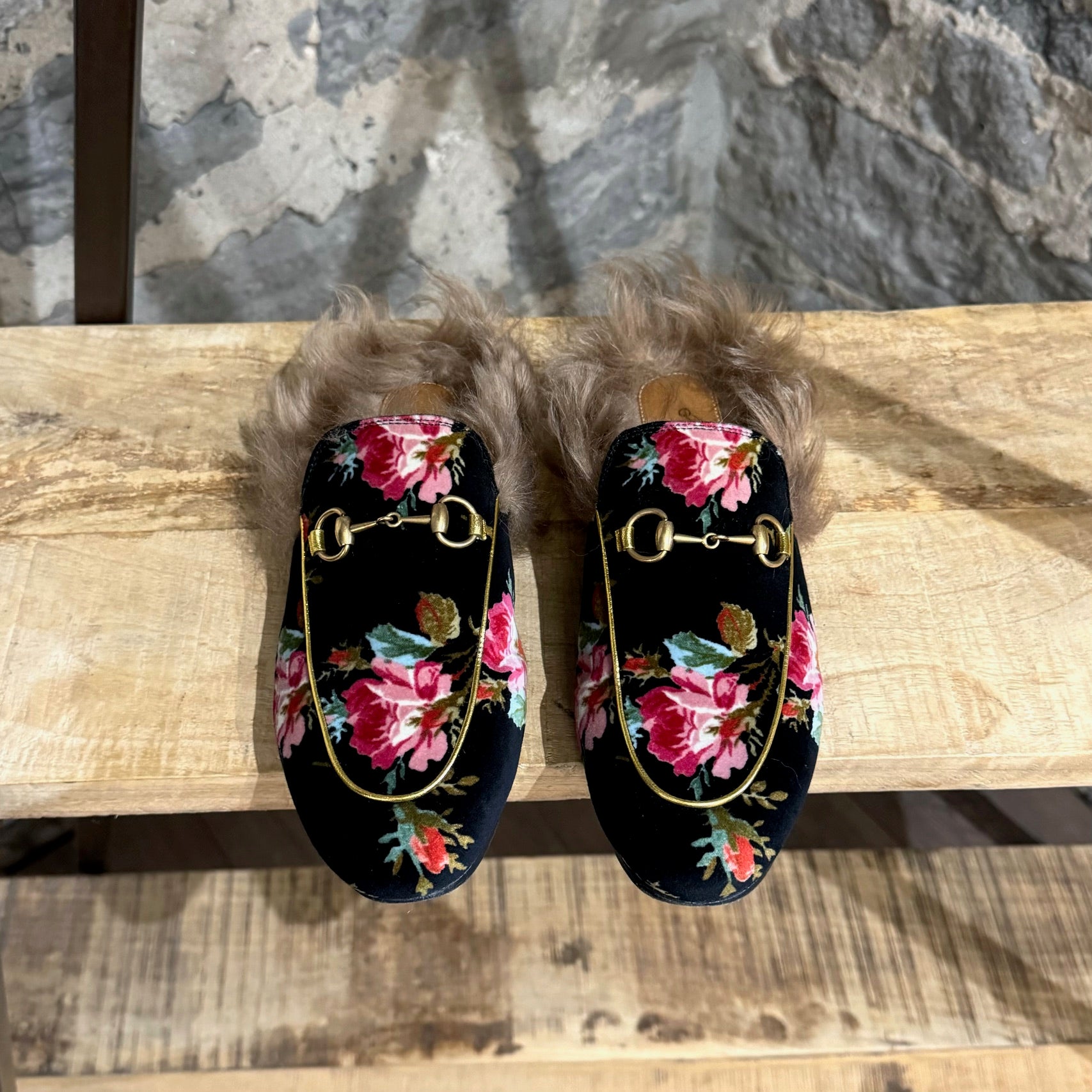 Gucci Black Velvet Floral Print Princetown Fur Lined Mules