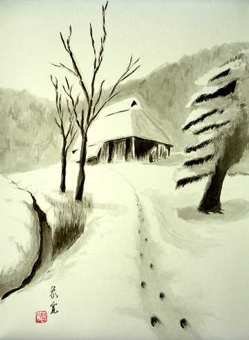 水車小屋の雪景色を水墨画で書いてみました！ - 墨遊家：佐藤象寛
