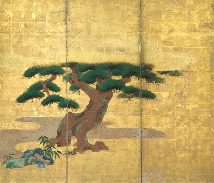 紙本金地著色四季松図〈狩野探幽筆／六曲屏風〉 文化遺産オンライン