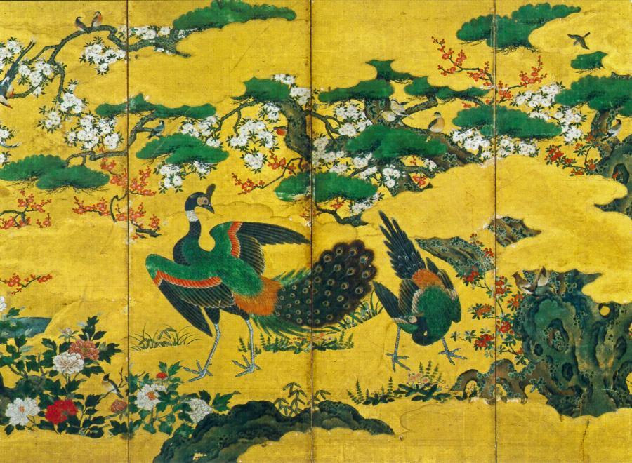 紙本金地著色四季花鳥図〈狩野元信筆／六曲屏風〉 文化遺産オンライン