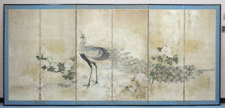 孔雀牡丹の圖 絹本肉筆 落款 掛軸 古美術 送料込み250716 牡丹に孔雀