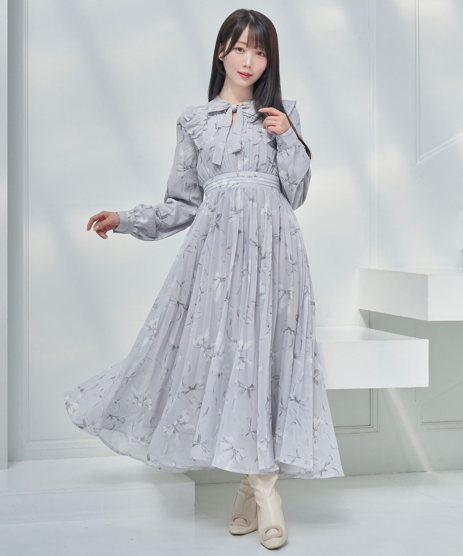 ribbon pattern pleated dress – BUNNY APARTMENT