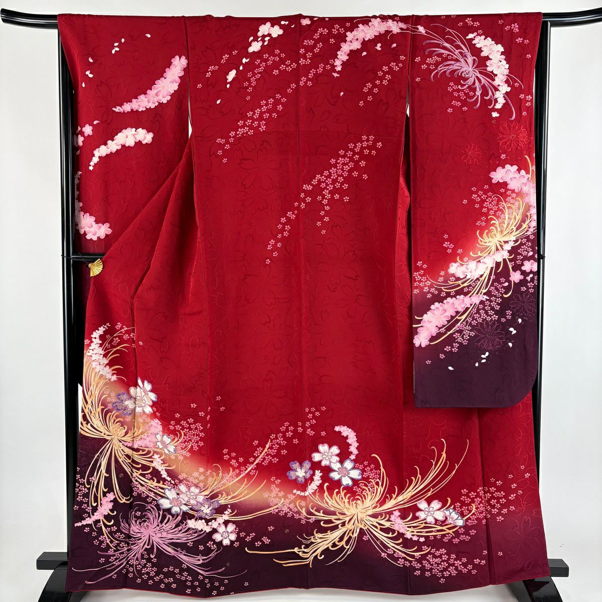 振袖 身丈161.5cm 裄丈66.5cm M 袷 熨斗 草花 金彩 赤紫 正絹 秀品