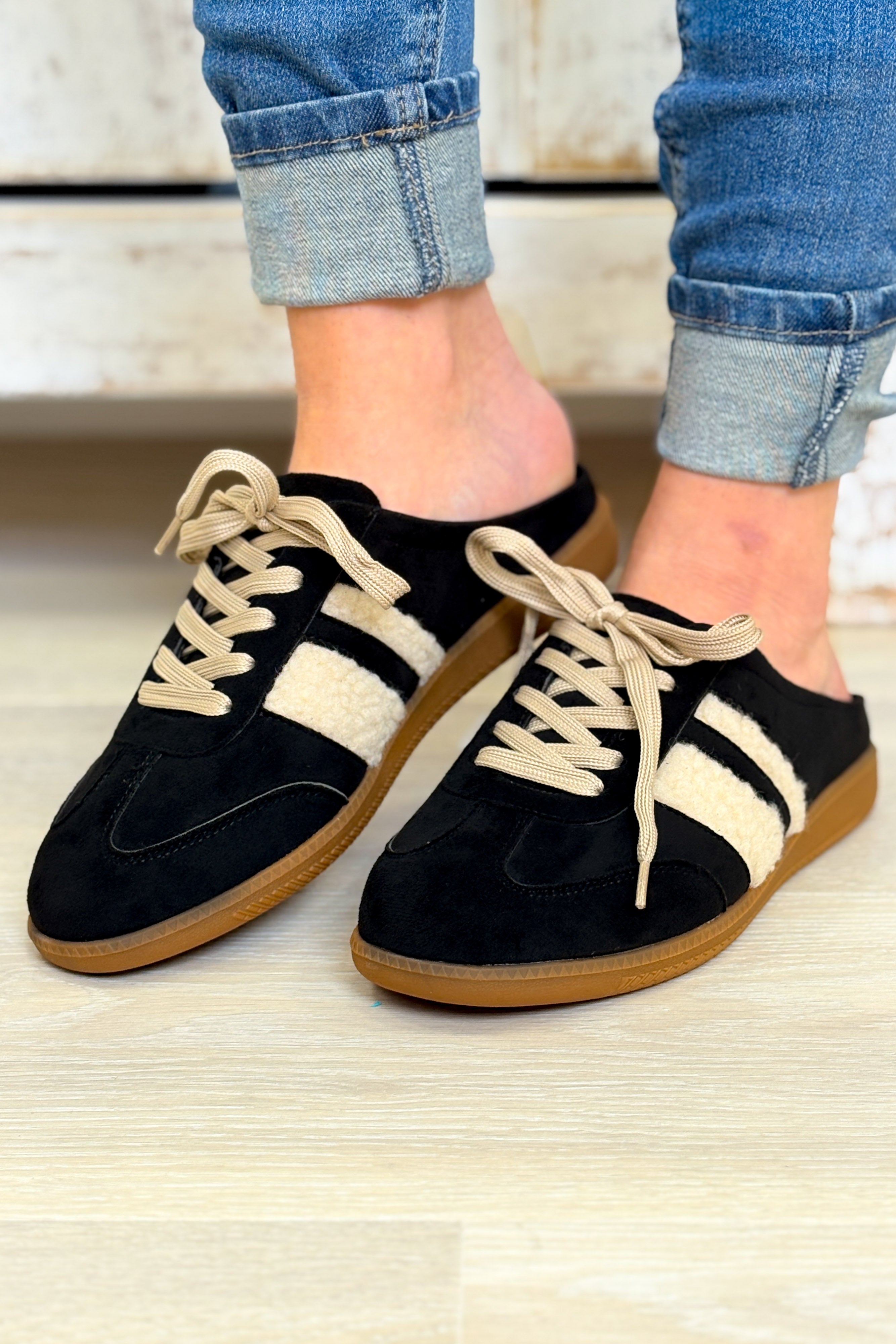 Sandra Fur Stripe Backless Mule Sneakers - Black – By Alexa Rae