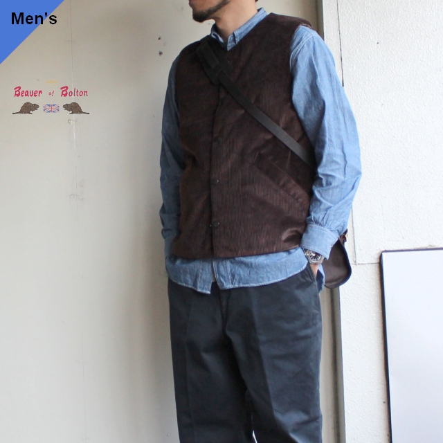 BEAVER of BOLTON コーデュロイカラーレス中綿ベスト ブラウン - C