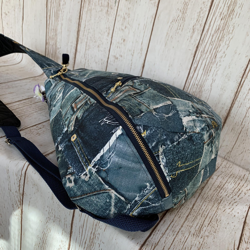 ダメージデニム柄 しずく型 ワンショルダーバッグ ボディバック 通院