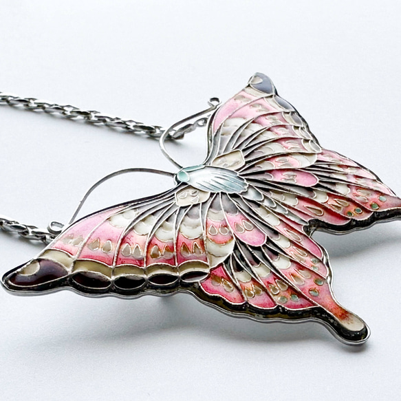 蝶 七宝焼のブローチネックレス 純銀メタル七宝 ブローチ 太田七宝