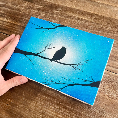 森の梟」原画 夜×フクロウ×木枝 青 ターコイズ 絵画 キャンバス 風景画