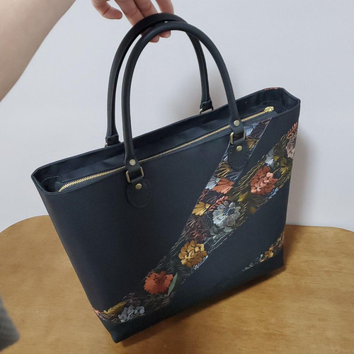 着物リメイク】大島紬 お出掛けバック 本革持ち手 和装 和装小物 和装