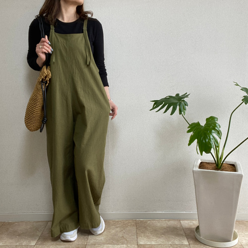 再販5 大人の細見え♪リラックスサロペット(オリーブカーキ）＊受注