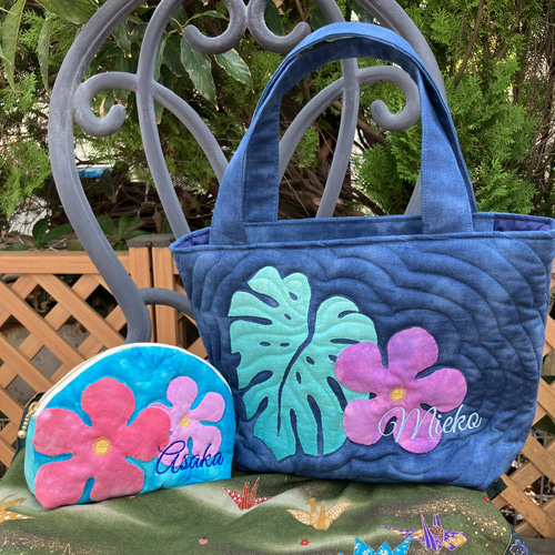 ハワイアンキルト パンの木の小さめトートバック白グリーン 受注製作