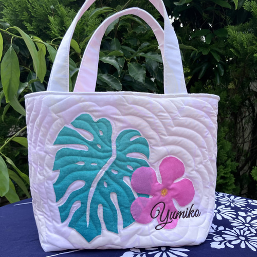 ハワイアンキルト パンの木の小さめトートバック白グリーン 受注製作