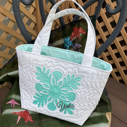 ハワイアンキルト パンの木の小さめトートバック白グリーン 受注製作