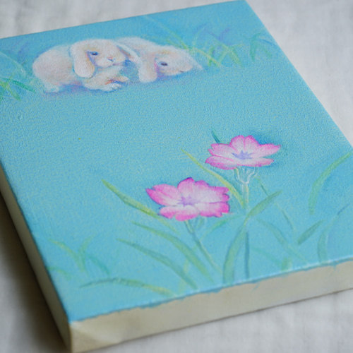 空と花と寄り添ううさぎ＊キャンバス油絵【複製画】＊ホーランドロップ
