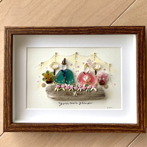 寄り添い雛 シーグラス／天然石／フレームアート／壁掛け額／ガラス