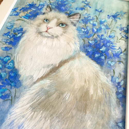 油絵 専用 三代そろった猫と青い花 油絵 専用 三代そろった猫と青い花