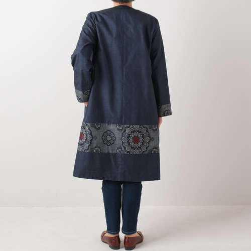 アンティーク大島紬のパッチワークコート リバーシブル 青割り込み絣