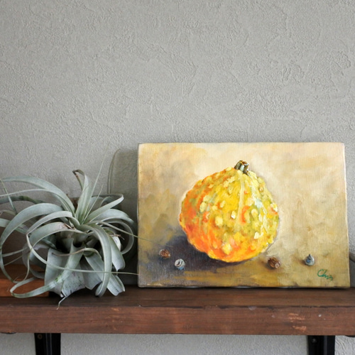 油絵 菅家令子 絵 絵画インテリア 額付(黒) uF6-030114 かぼちゃ 油絵