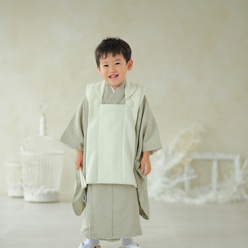 七五三3歳男の子被布/着物一式5点セット 薄グリーン系/絞り風グリーン