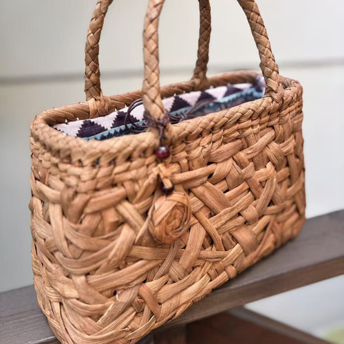 国産山葡萄 籠バッグ 内布付き 乱れ編み 巾着タイプ内布 台形 一番皮