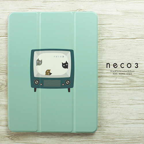 iPadケース（カバー）レトロテレビとネコ neco3 ミントグリーン ハード