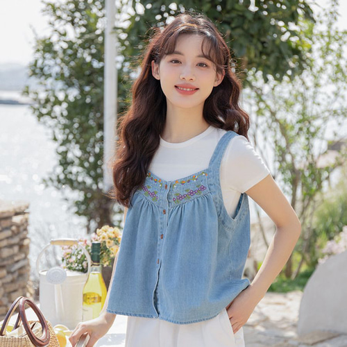 デニム 刺繍 半袖 花柄 キャミソール レディース おしゃれ トップス
