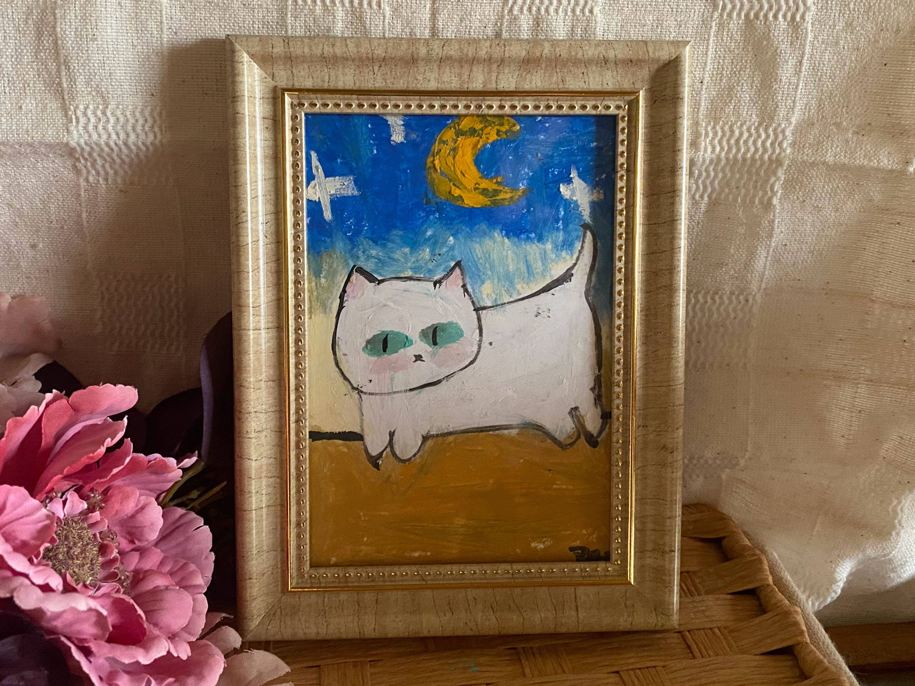 絵画。原画手描【夜の散歩が好きな白い猫】 絵画 アカザ麦 通販