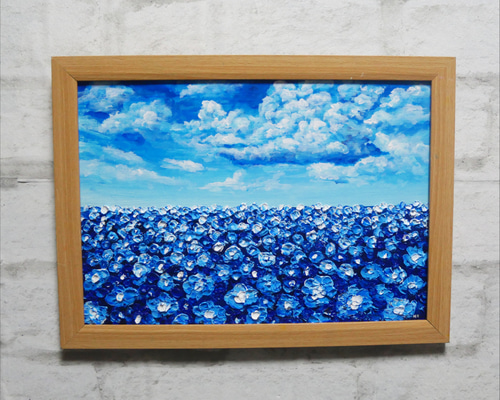 油絵 油彩 油彩画 絵 絵画【青空と雲のネモフィラ】 絵画 HR 通販