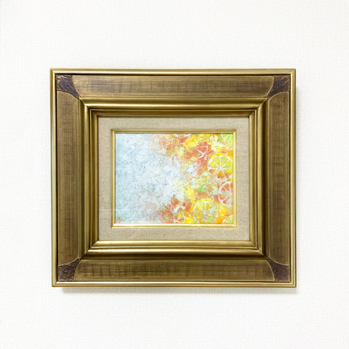 原画 油絵 シトラスの海 額縁付き 柑橘系のアート 抽象画 F0号