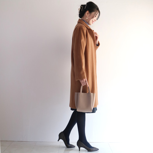 New【キャメル】高級ソフトウール混ポケット付きステンカラーコート