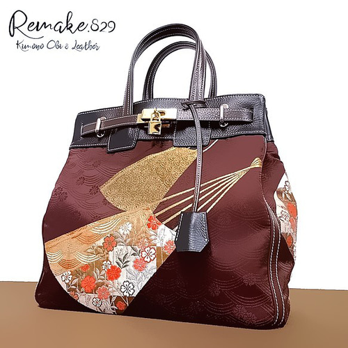 30サイズ#73◇着物帯と本革のリメイクバッグ◇remake.829 日本職