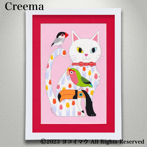 値下】原画「白猫と小鳥のポップアート」ふしぎな猫のアート絵画 絵画