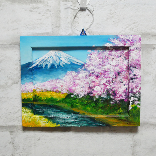油絵 油彩 油彩画 絵 絵画 ミニ絵画【桜と富士山】 絵画 HR 通販