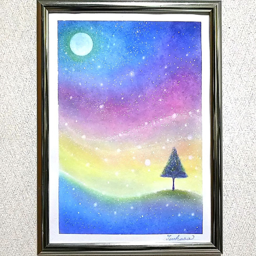 A4サイズ】パステルアート 3色による星空のカーテン パステル画原画