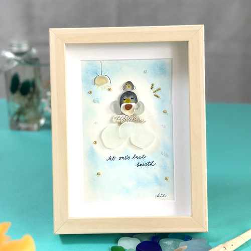 シーグラスアート no.47 『一息つかせて、、』ペンギン 親子 ママ 子供