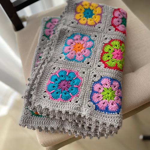 再販 カラフルひざ掛け モチーフブランケット ひざ掛け かぎ針編み