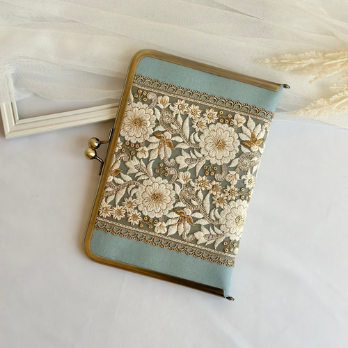 母子手帳ケース (Mサイズ用) コンパクト がま口 インド刺繍リボン B6