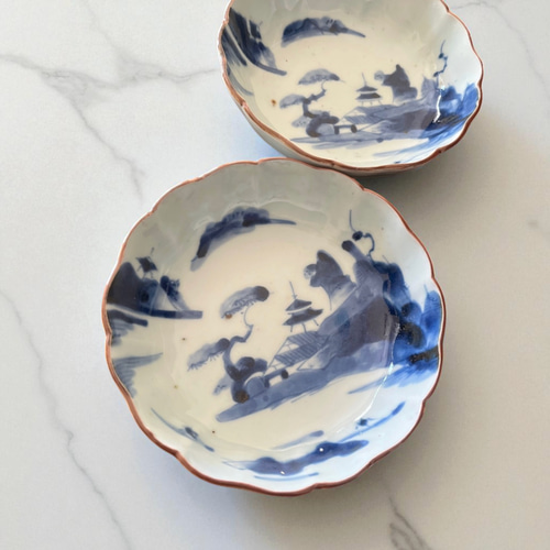 伊万里染付山水膾皿 2枚組 鉄釉縁取り 手描き山水図 国内残留品 お椀