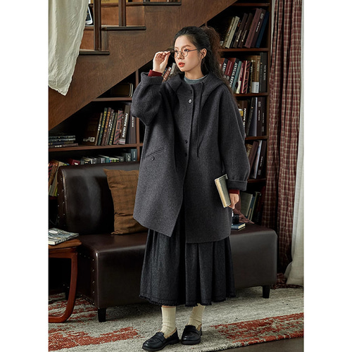 100%ウールツイード生地コート 地厚ウールコート フード付き グレーと