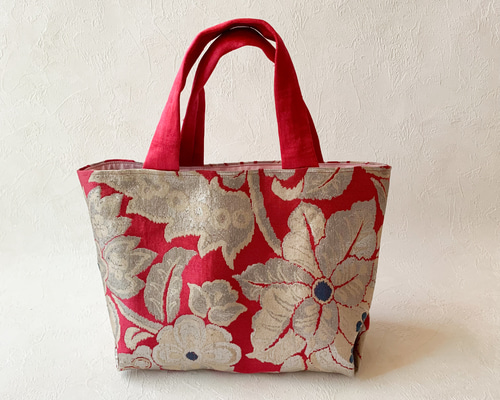 帯リメイクトートバッグ 赤にゴールドの花柄 トートバッグ GURI SHELLY