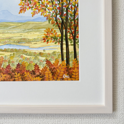 釧路湿原・秋01」透明水彩画 原画 風景画 額縁付 F4サイズ 絵画 Oni