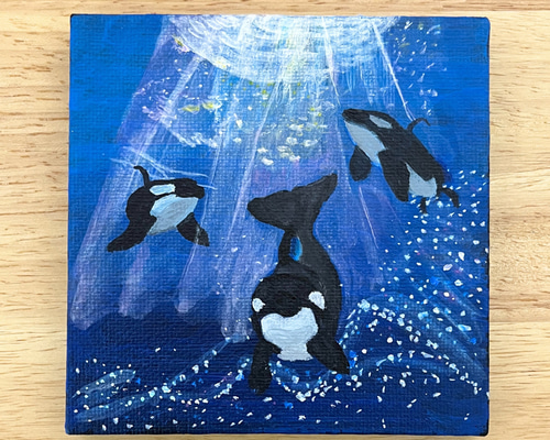 光降り注ぐ海のシャチたち」ミニキャンバス原画 送料無料 絵画 vet