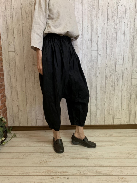 M～2L,3L～5L】大人のリネンサルエルパンツ ゆったりロング丈 黒 麻