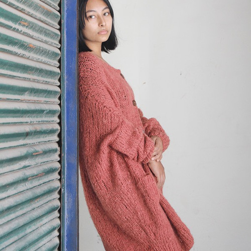 手編みモヘアロングカーディガン サーモンピンク ニット・セーター