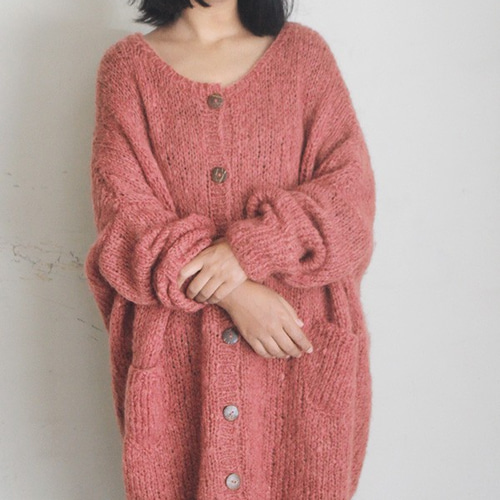 手編みモヘアロングカーディガン サーモンピンク ニット・セーター