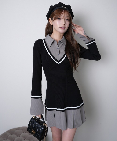 セール】シャツドッキングプリーツワンピース（ワンピース