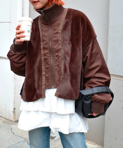 セール】【etsinta】ファー切替ショートスタンドジャケット/WEB限定