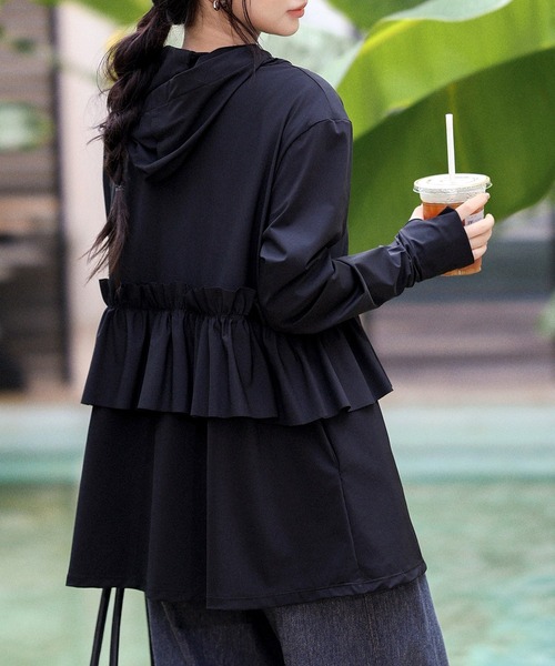 レディース 長袖フード付きダブルフリルラッシュガードトップス