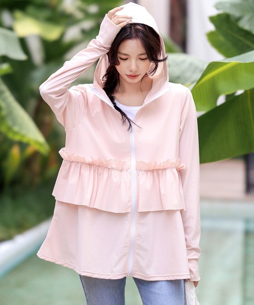 レディース 長袖フード付きダブルフリルラッシュガードトップス